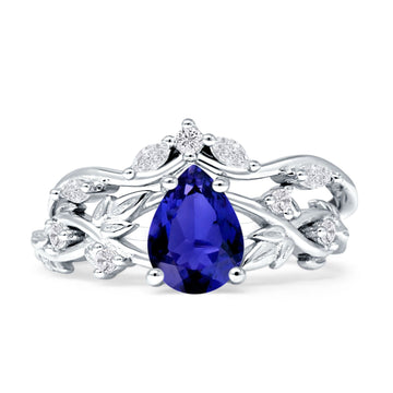 Two Piece Pear Teardrop Bridal Ring Blue Sapphire CZ 925 Sterling Silver Wholesale